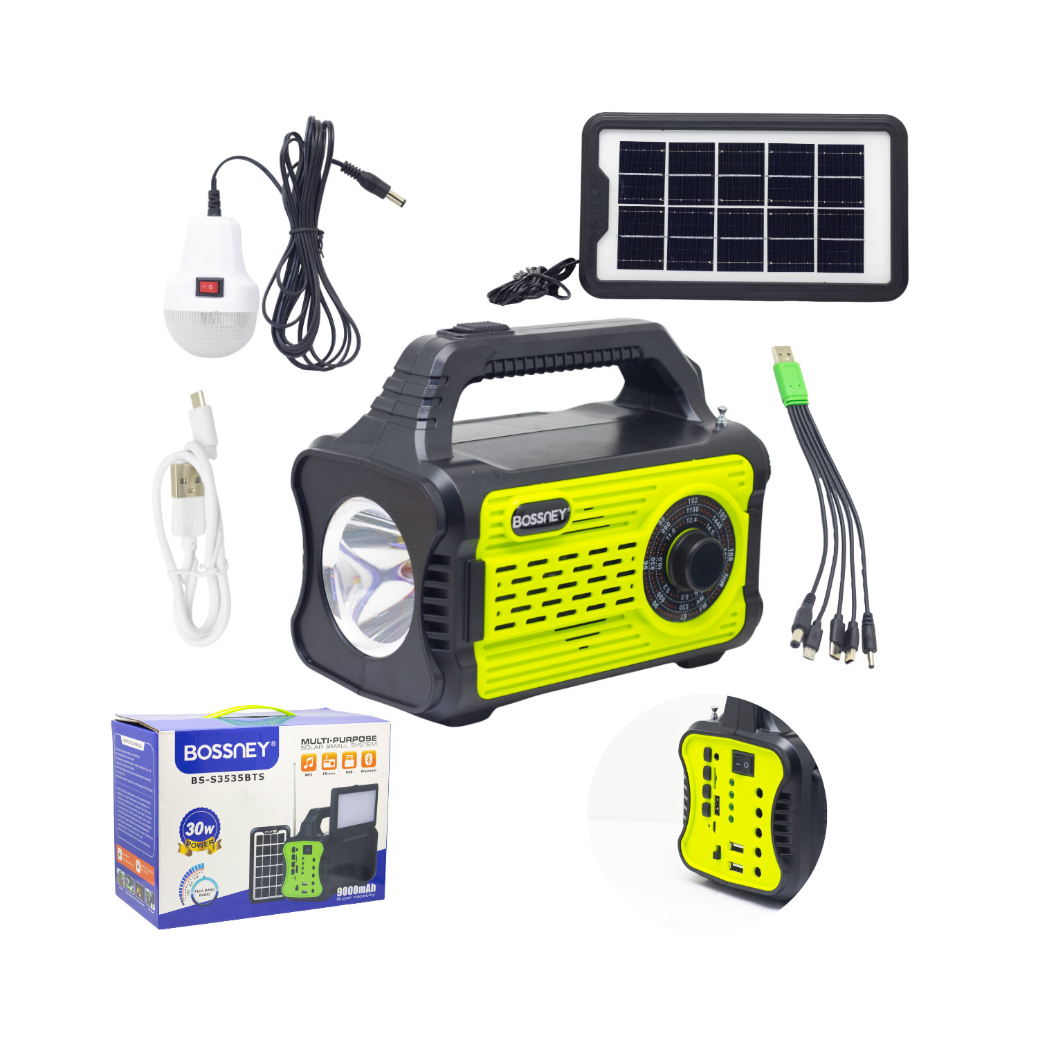 Kit Parlante Y Sistema De Energía Con Panel Solar BS-S3535BTS BOSSNEY